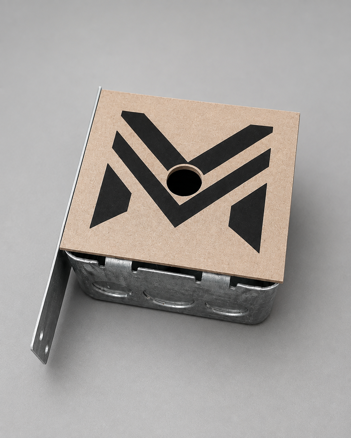 M-Plate installed on a metal electrical box with metal mounting ring