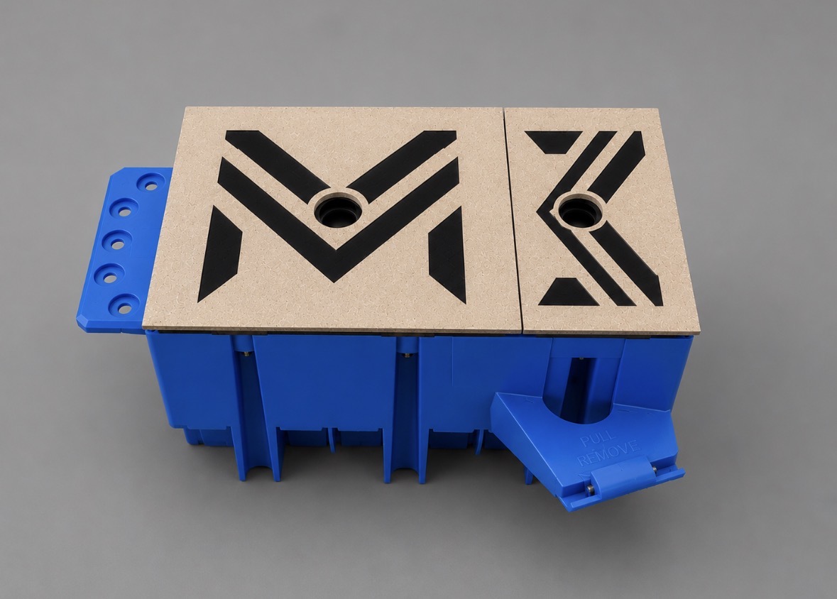 Three-gang electrical box covered with one full M-Plate and one narrower trimmed plate